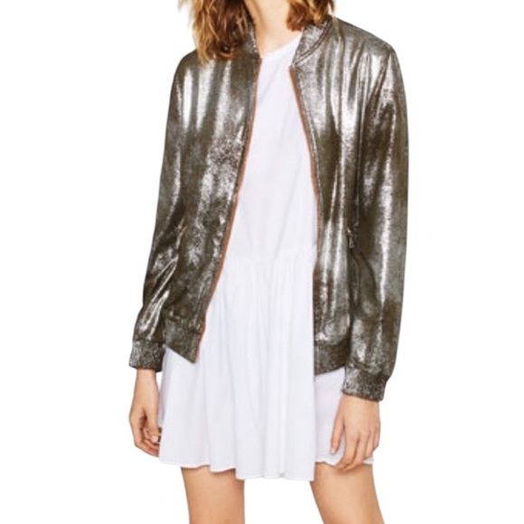 Zara Metallic Bomber Jacket Zip closure side pockets Size S good condition - Picture 2 of 10